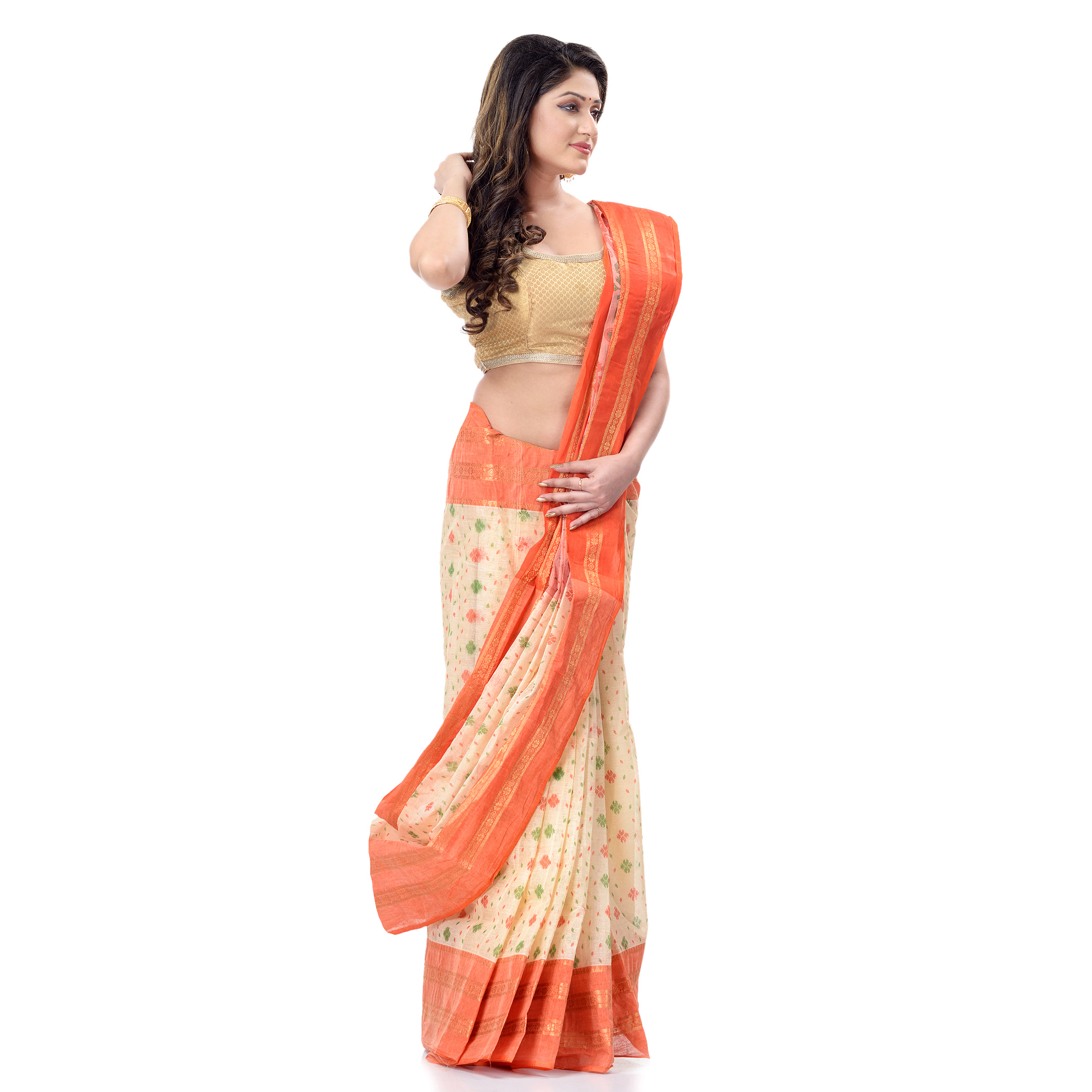 DESH BIDESH Women`s Bengal Tant Jamdani Print Design Pure Handloom Cotton Saree Without Blouse Piece (Orange)